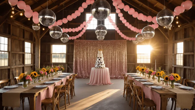 Yeehaw Chic: The Ultimate Guide to a Cowgirl Birthday Party That'll Make Everyone Say "Wow!" A glamorous cowgirl disco-themed barn interior with disco balls, pink balloon garlands, farmhouse tables dressed in blush pink linens, mason jar centerpieces, string lights, a tiered cake with cowboy boots, and Western decorations, all illuminated by warm golden hour light.