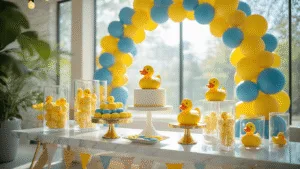 Quack-tastic Celebrations: Designing the Perfect Ducky Birthday Party Photorealistic image of a whimsical rubber duck-themed party setup in a modern interior, featuring a marble dessert table, geometric balloon arch, duck-shaped macarons, a white two-tier cake with a golden rubber duck topper, illuminated floating rubber ducks, ghost chairs with yellow cushions, and a "SPLASH!" neon sign, all enhanced by soft natural lighting and cool blue uplighting.