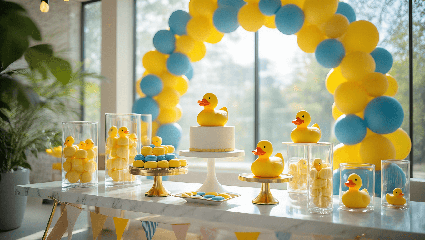 Photorealistic image of a whimsical rubber duck-themed party setup in a modern interior, featuring a marble dessert table, geometric balloon arch, duck-shaped macarons, a white two-tier cake with a golden rubber duck topper, illuminated floating rubber ducks, ghost chairs with yellow cushions, and a "SPLASH!" neon sign, all enhanced by soft natural lighting and cool blue uplighting.