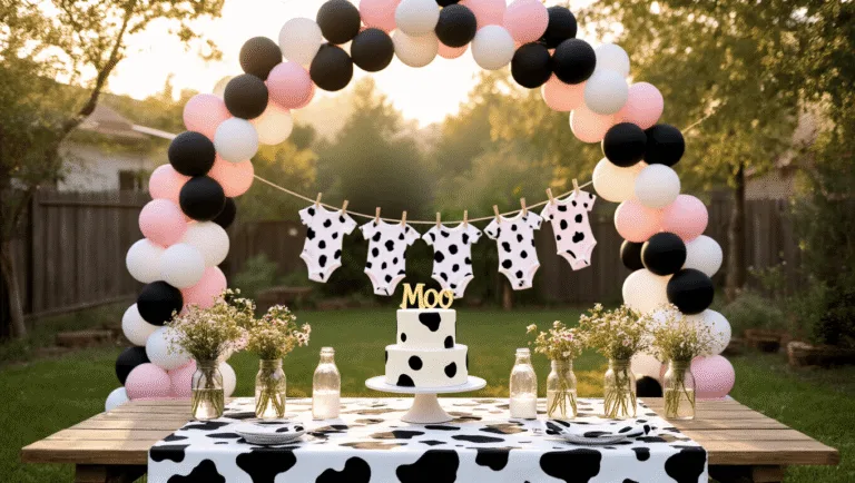 Moo-velous Cow Birthday Party: The Ultimate Guide to Throwing a Farmyard Bash! A charming backyard birthday party setup featuring a rustic picnic table with a black and white cow print tablecloth, under a DIY balloon arch in black, white, and soft pink. The elegant white tiered cake with black spots is topped with a gold "MOO" cake topper, surrounded by vintage milk bottles filled with wildflowers. A clothesline with cow print onesies and fairy lights provide a whimsical backdrop, with decorative hay bales, plush cow toys, and mason jar centerpieces enhancing the festive atmosphere.