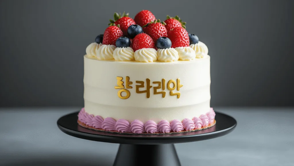 Korean Birthday Cake: A Modern Aesthetic Masterpiece Photorealistic image of a three-tiered modern Korean cream cake with whipped cream exterior, pastel pink and lavender piping, topped with fresh strawberries and blueberries, displayed on a black ceramic stand against a neutral grey background, showcasing intricate details and textures with soft natural lighting.