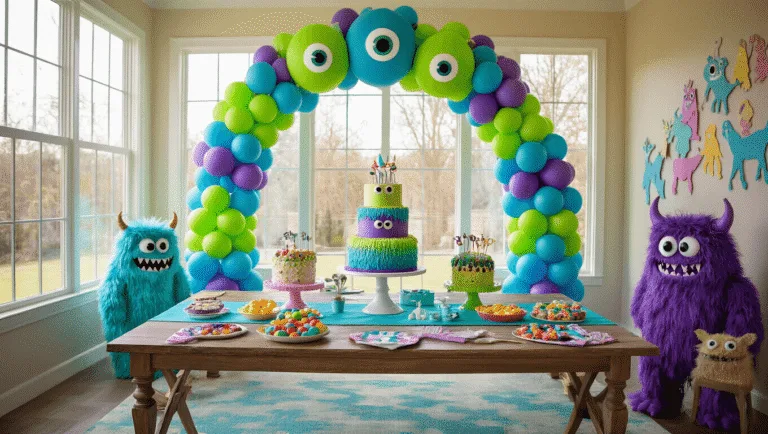 Monster Birthday Party: The Ultimate Guide to a Roar-some Celebration! A colorful indoor playroom set up for a monster-themed birthday party, featuring a vibrant balloon arch, a farmhouse-style table with furry monster centerpieces, a three-tiered monster cake, and playful decorations.