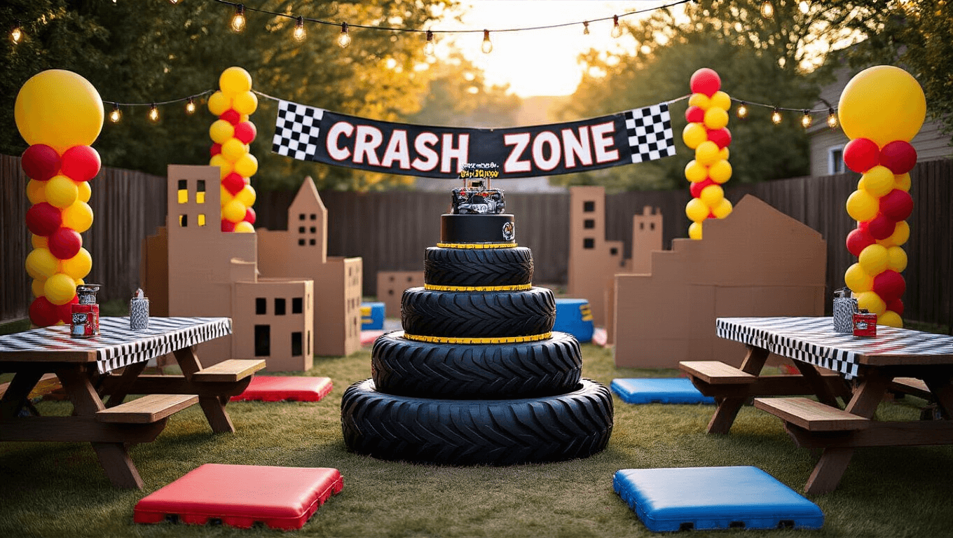 Photorealistic backyard monster truck birthday party setup with a tire-themed cake, DIY city obstacles, festive balloons, and warm string lights, captured during golden hour.