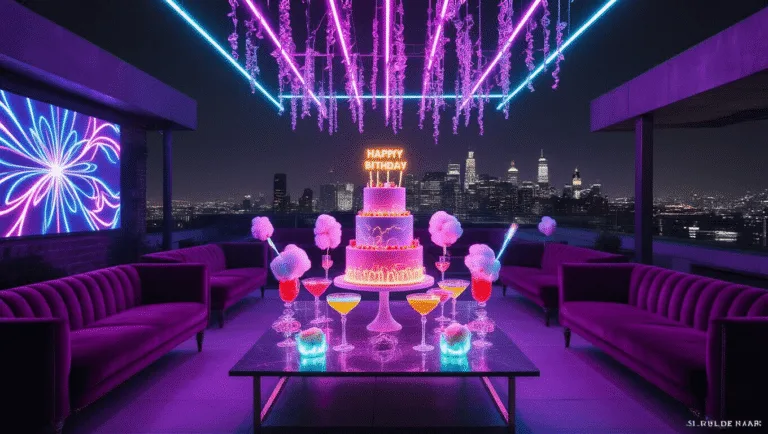 Neon Birthday Party: The Ultimate Guide to Creating an Electrifying Celebration A vibrant rooftop birthday party featuring luxurious purple velvet lounges, illuminated dessert displays with LED-lit cotton candy, and neon decorations, all set against a twinkling city skyline during blue hour.
