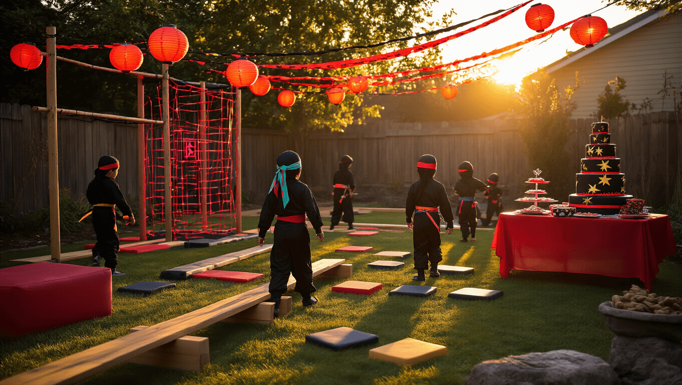 A vibrant backyard ninja training party scene at golden hour, featuring children in black ninja costumes navigating an obstacle course with wooden beams, foam stones, and a neon laser maze, illuminated by Japanese lanterns. A dessert table displays a three-tiered black and red ninja cake and themed treats, while smoke bombs add atmosphere.