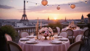 Paris Birthday Party: Your Ultimate Styling and Photography Guide A luxurious Parisian rooftop terrace celebrates at sunset, featuring elegant table settings, lush floral centerpieces, and warm ambient lighting, with the Eiffel Tower silhouette in the background.
