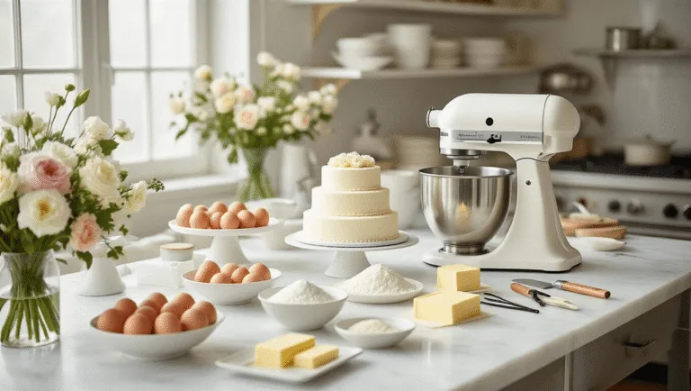 Modern Wedding Cake: The Ultimate Culinary Masterpiece A professional pastry kitchen with soft lighting, featuring a white marble countertop set for wedding cake preparation, including a KitchenAid mixer, farm-fresh ingredients, and elegant fresh flowers, all captured in a hyperrealistic style with a dreamy atmosphere.