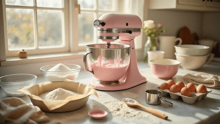 PINK BIRTHDAY CAKE: THE ULTIMATE CELEBRATION SHOWSTOPPER A serene baking scene featuring a stand mixer with rose-pink cake batter on a marble countertop, surrounded by baking ingredients like sugar, flour, eggs, and pink food coloring, illuminated by soft natural morning light.