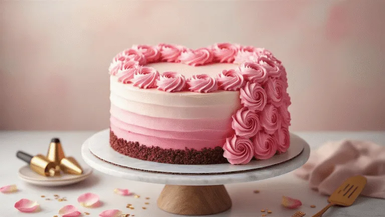 Heart-Shaped Birthday Cake: The Ultimate Celebration Showstopper Photorealistic heart-shaped chocolate birthday cake with pink buttercream roses on a marble stand, set against a pastel background, featuring ombré frosting and scattered rose petals.