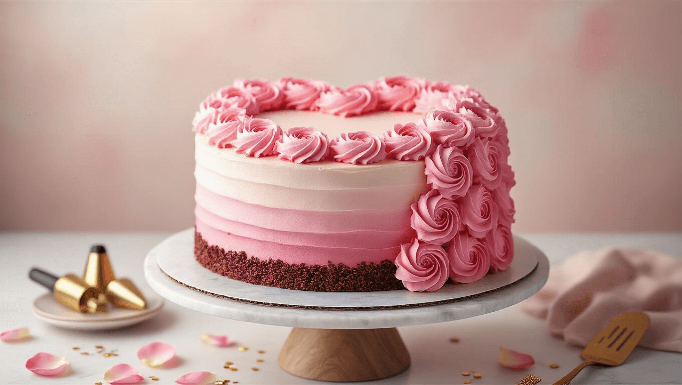 Photorealistic heart-shaped chocolate birthday cake with pink buttercream roses on a marble stand, set against a pastel background, featuring ombré frosting and scattered rose petals.