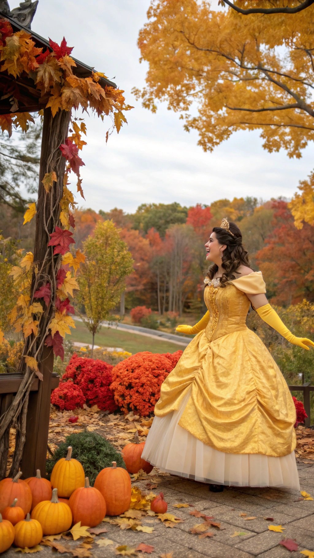 24 Spooktacular Halloween Costumes for 2025 A person wearing a Belle Halloween costume with autumn leaves and pumpkins in the background.