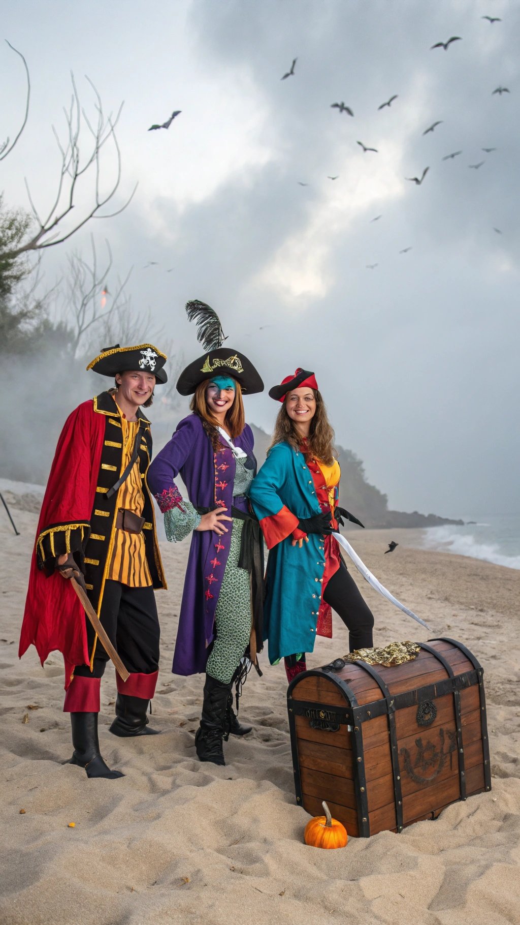 24 Spooktacular Halloween Costumes for 2025 Three friends dressed as pirates on a beach with a treasure chest