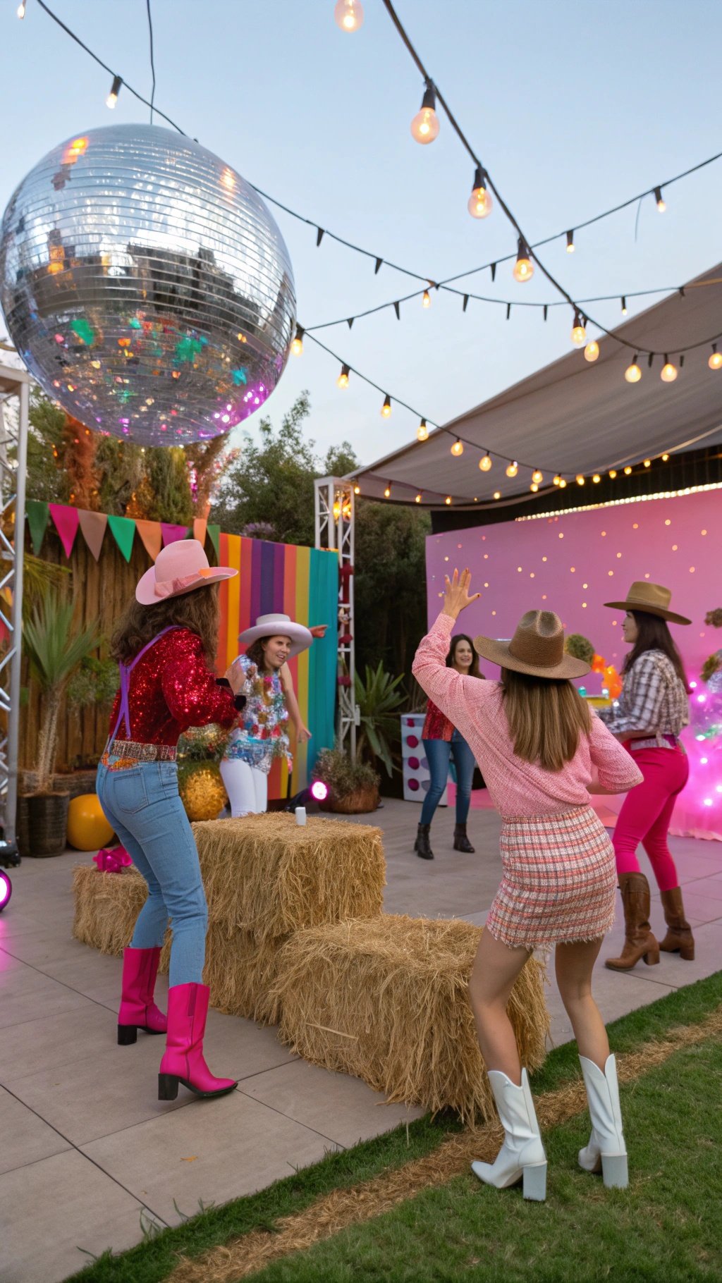 23 Exciting Birthday Party Themes to Celebrate in Style A vibrant Disco Cowgirl Birthday Party scene with guests dancing under a disco ball.