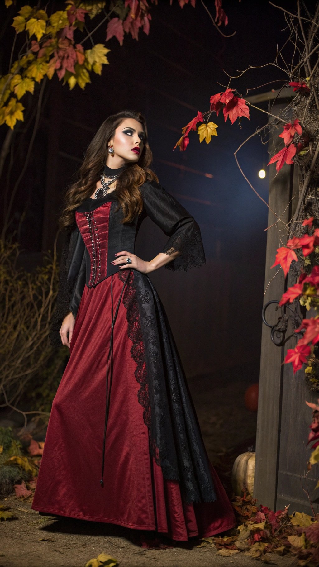 24 Spooktacular Halloween Costumes for 2025 A woman in a dark red and black Katherine Pierce Halloween costume, standing in a spooky outdoor setting with autumn leaves.