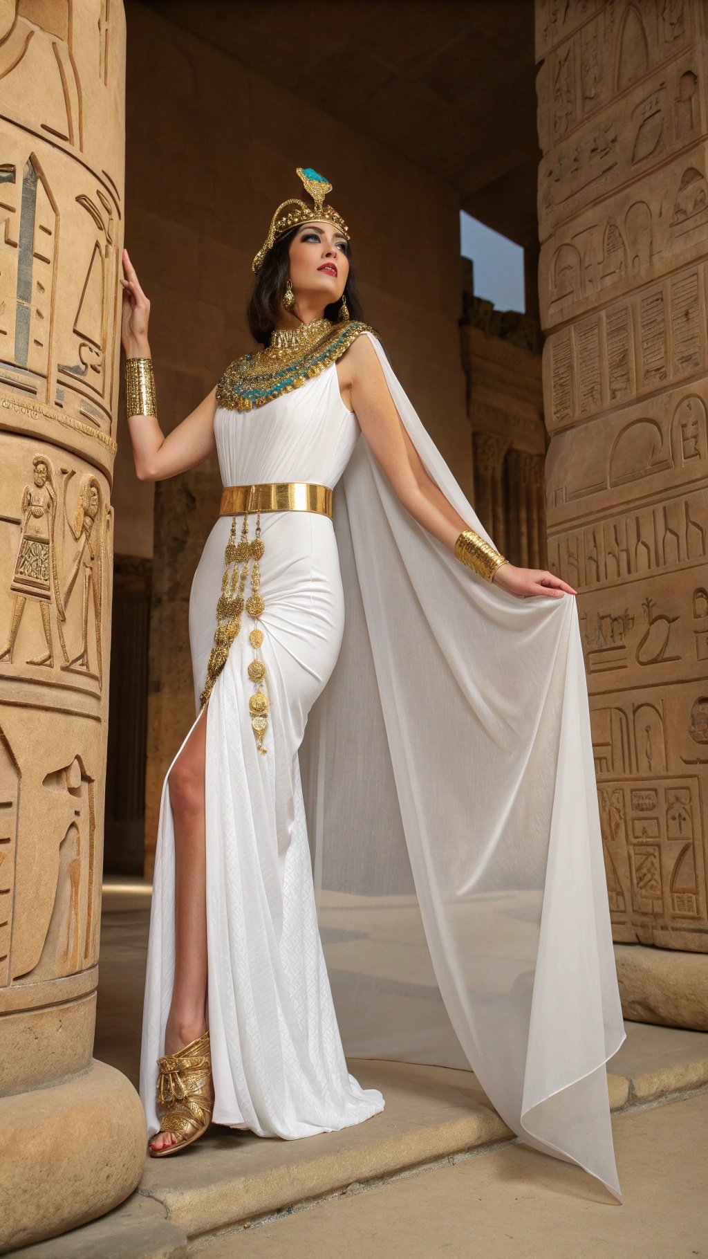 24 Spooktacular Halloween Costumes for 2025 A woman dressed as Cleopatra in a flowing white gown with golden accessories, standing by ancient Egyptian columns.