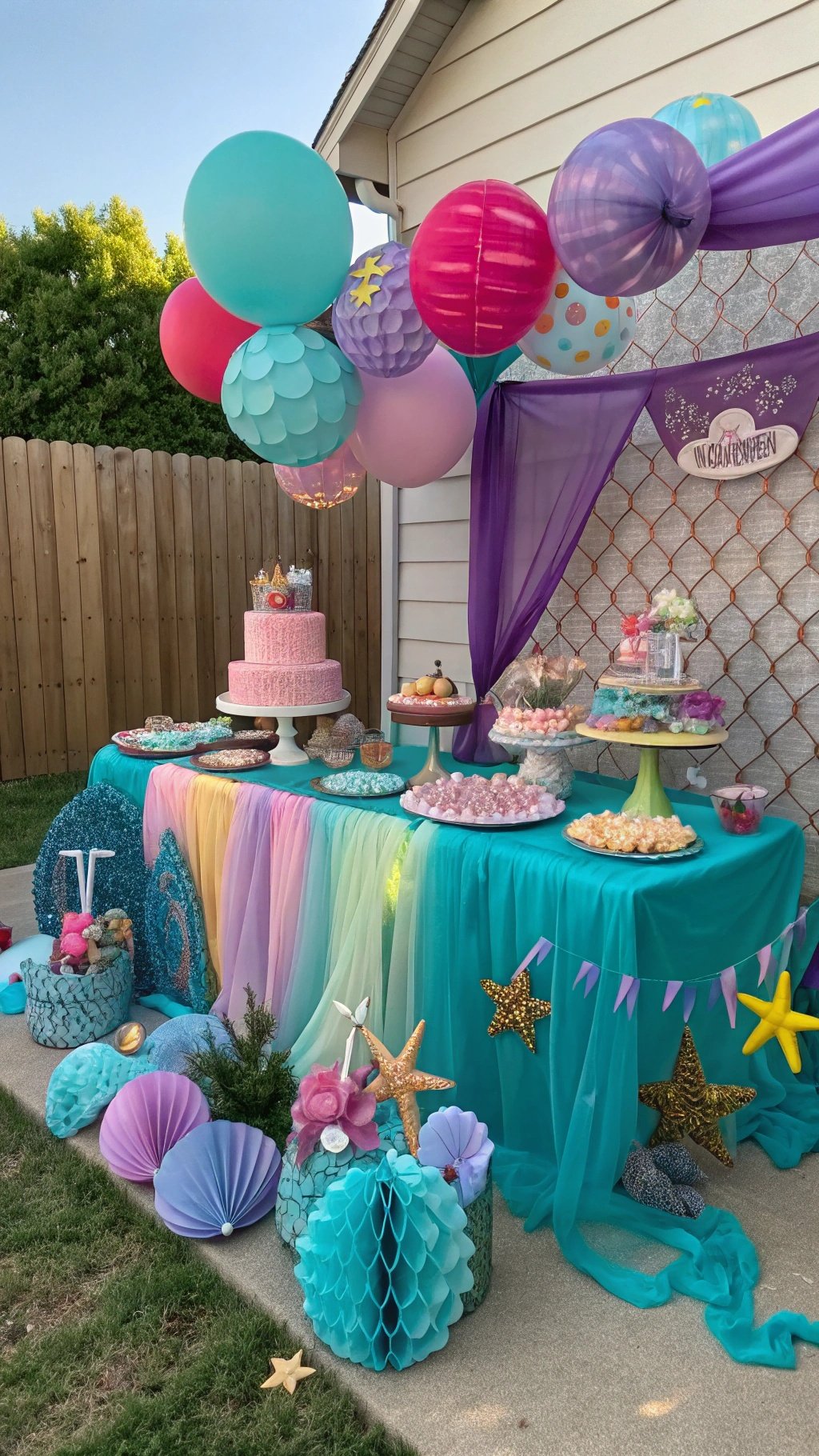 23 Exciting Birthday Party Themes to Celebrate in Style A beautifully decorated table for a mermaid birthday party featuring pastel colors, balloons, and themed treats.
