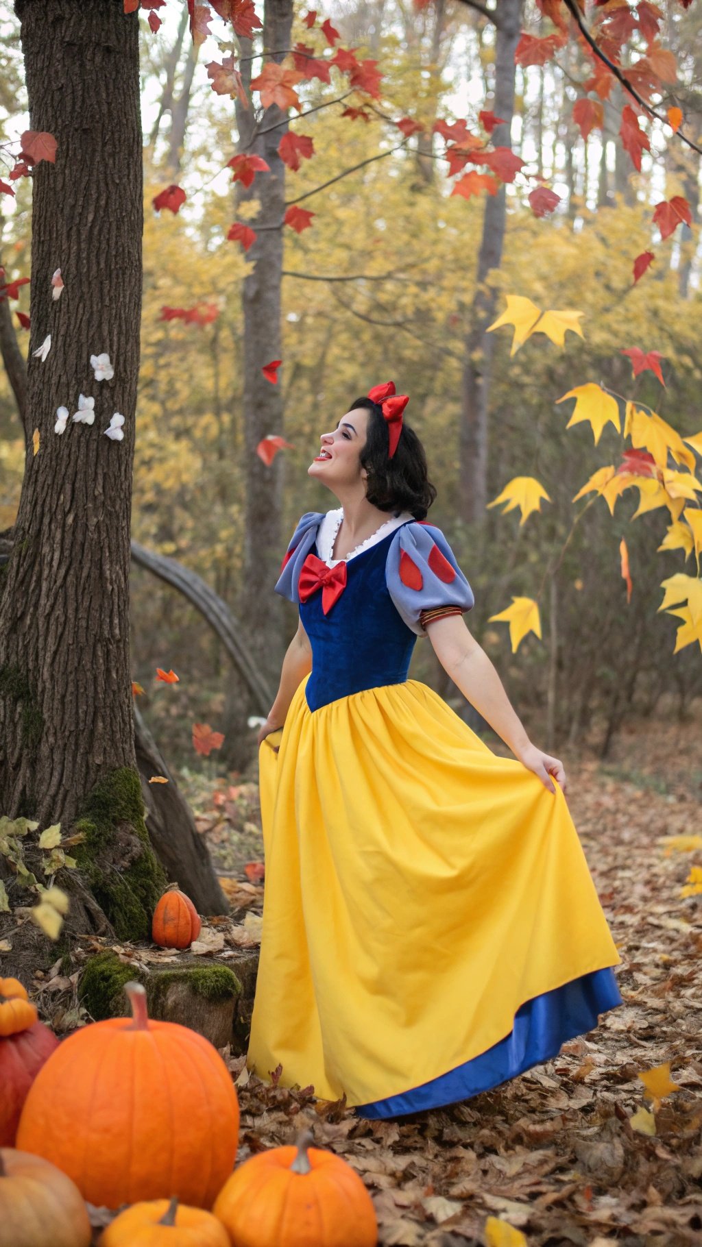 24 Spooktacular Halloween Costumes for 2025 A person wearing a Snow White costume in a forest setting with pumpkins and autumn leaves.