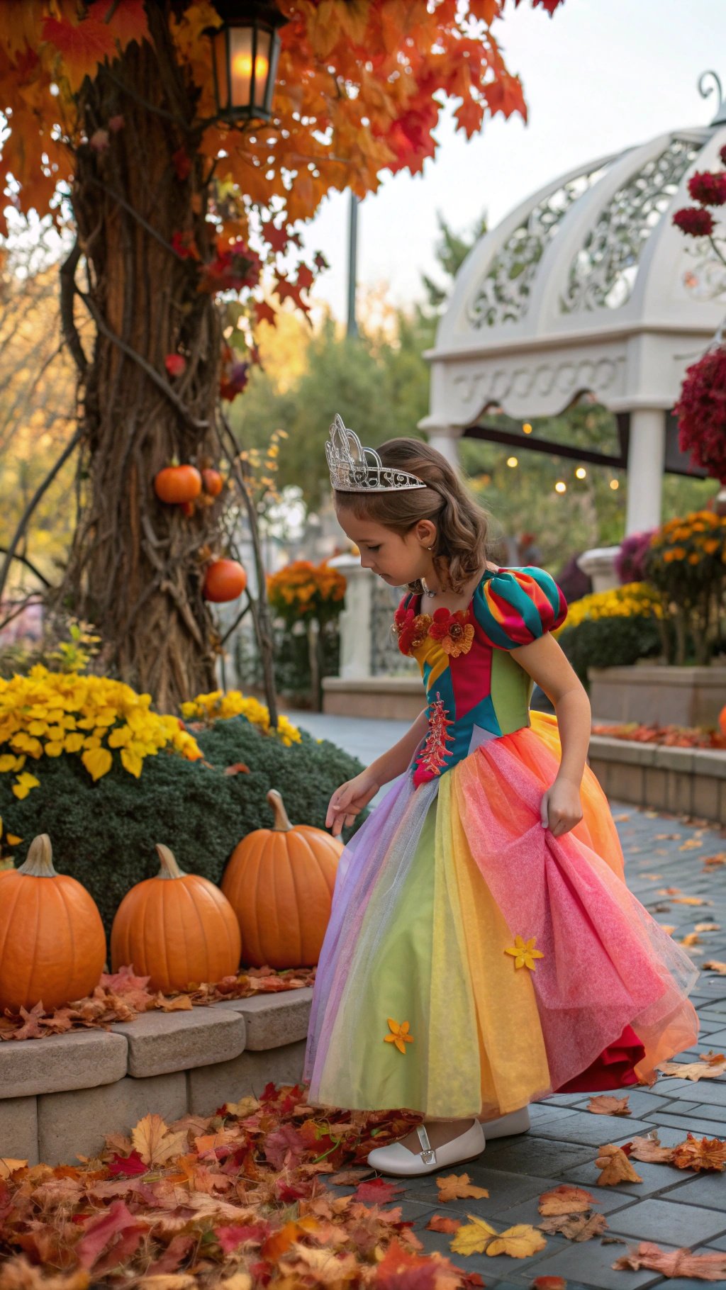 24 Spooktacular Halloween Costumes for 2025 A young girl wearing a colorful princess costume with a tiara, surrounded by pumpkins and autumn leaves.