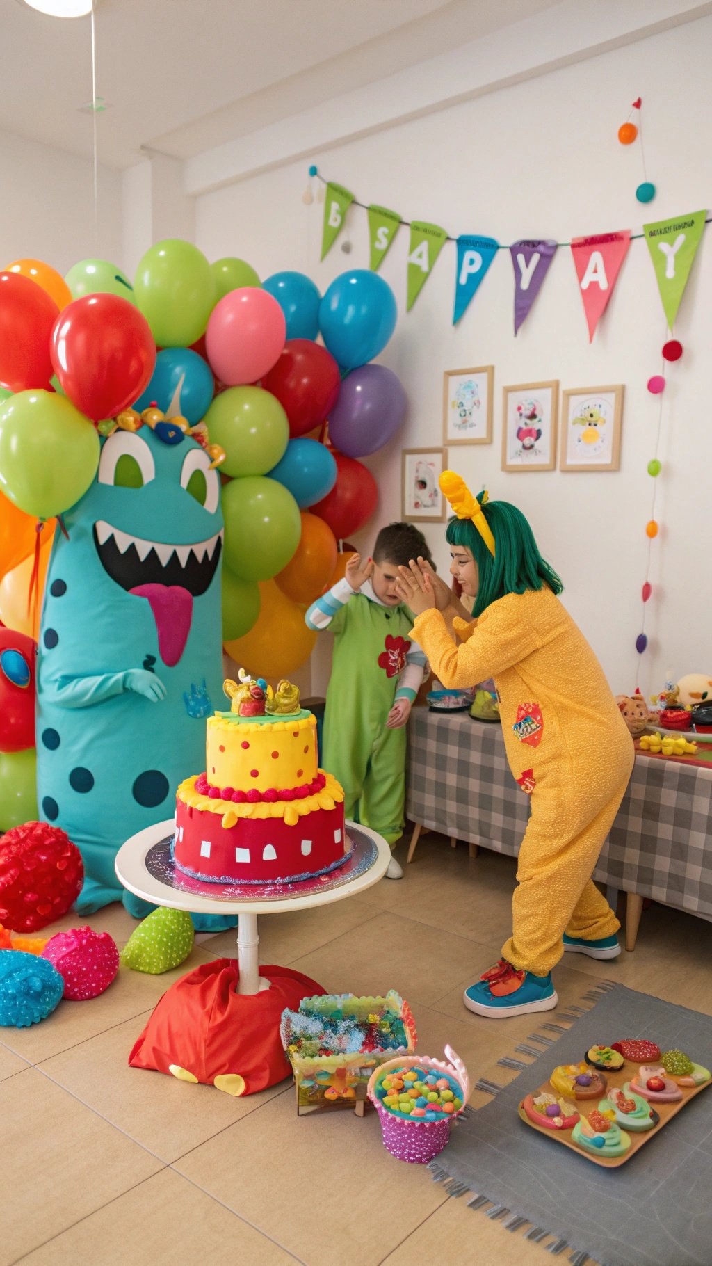 23 Exciting Birthday Party Themes to Celebrate in Style A colorful monster birthday party setup with balloons, a cake, and kids in costumes.
