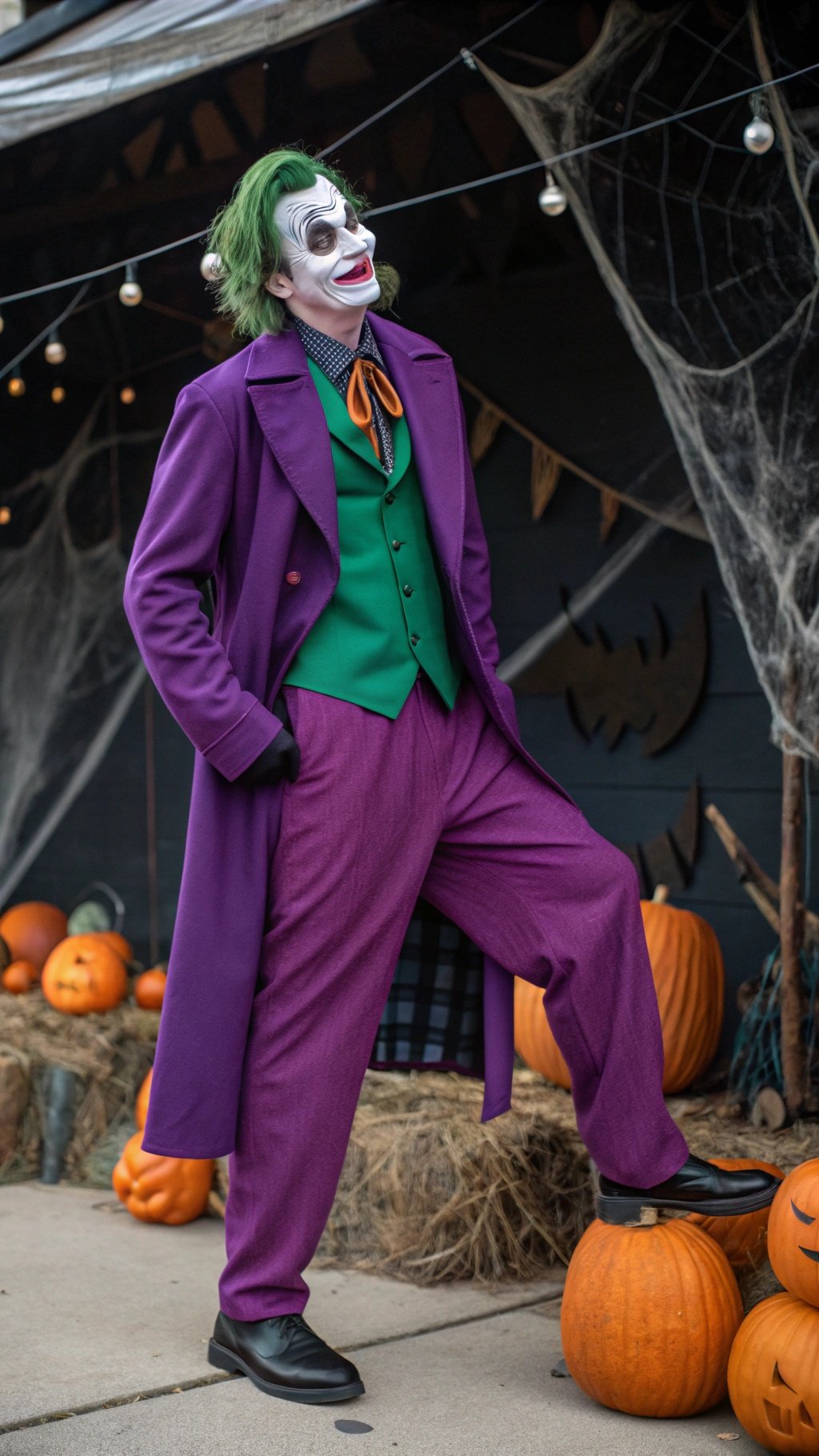 24 Spooktacular Halloween Costumes for 2025 A person dressed as the Joker with a purple coat and green vest, standing among pumpkins.