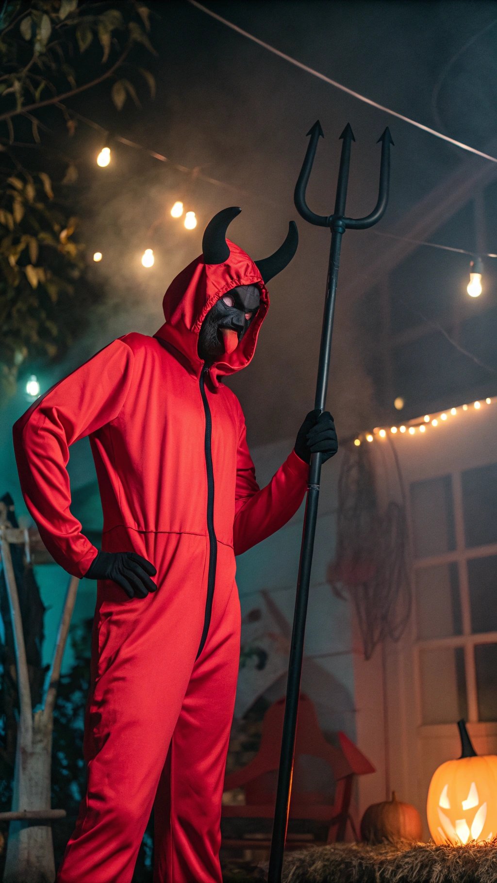 24 Spooktacular Halloween Costumes for 2025 A person dressed in a red devil costume with horns, holding a pitchfork, set against a festive Halloween backdrop.