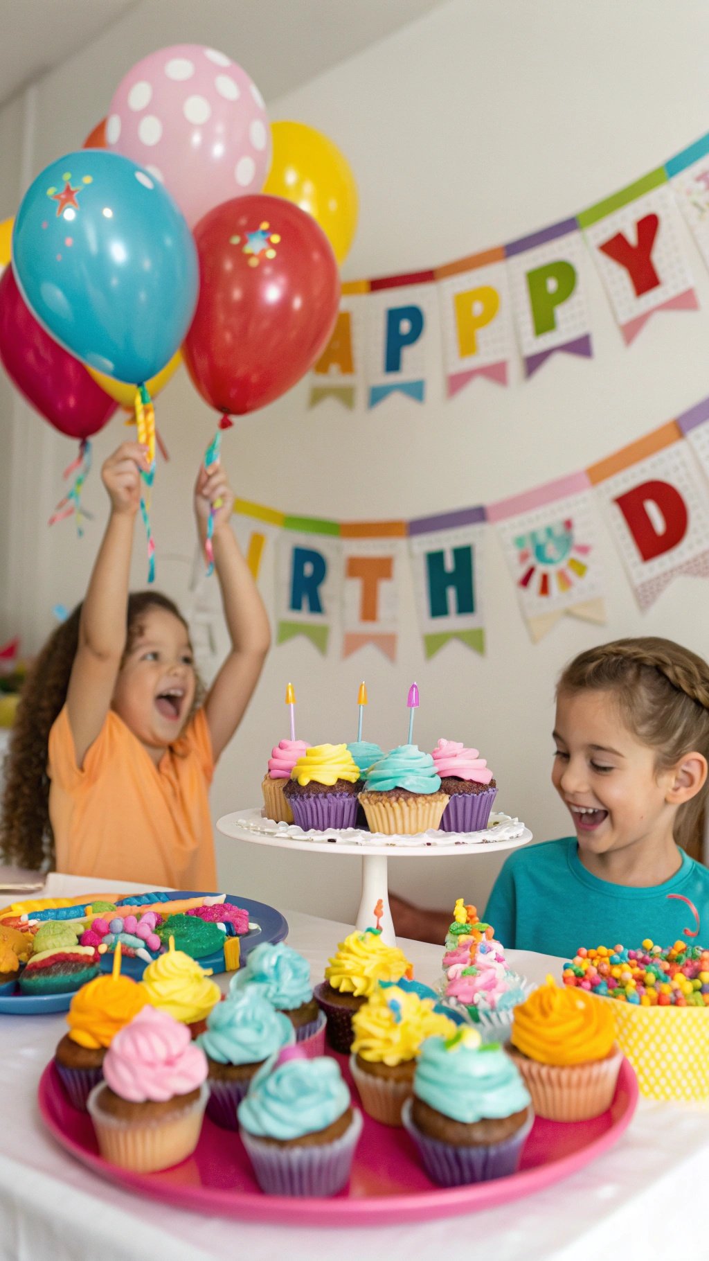 23 Exciting Birthday Party Themes to Celebrate in Style Children celebrating a birthday with colorful cupcakes and balloons. Birthday Party Themes