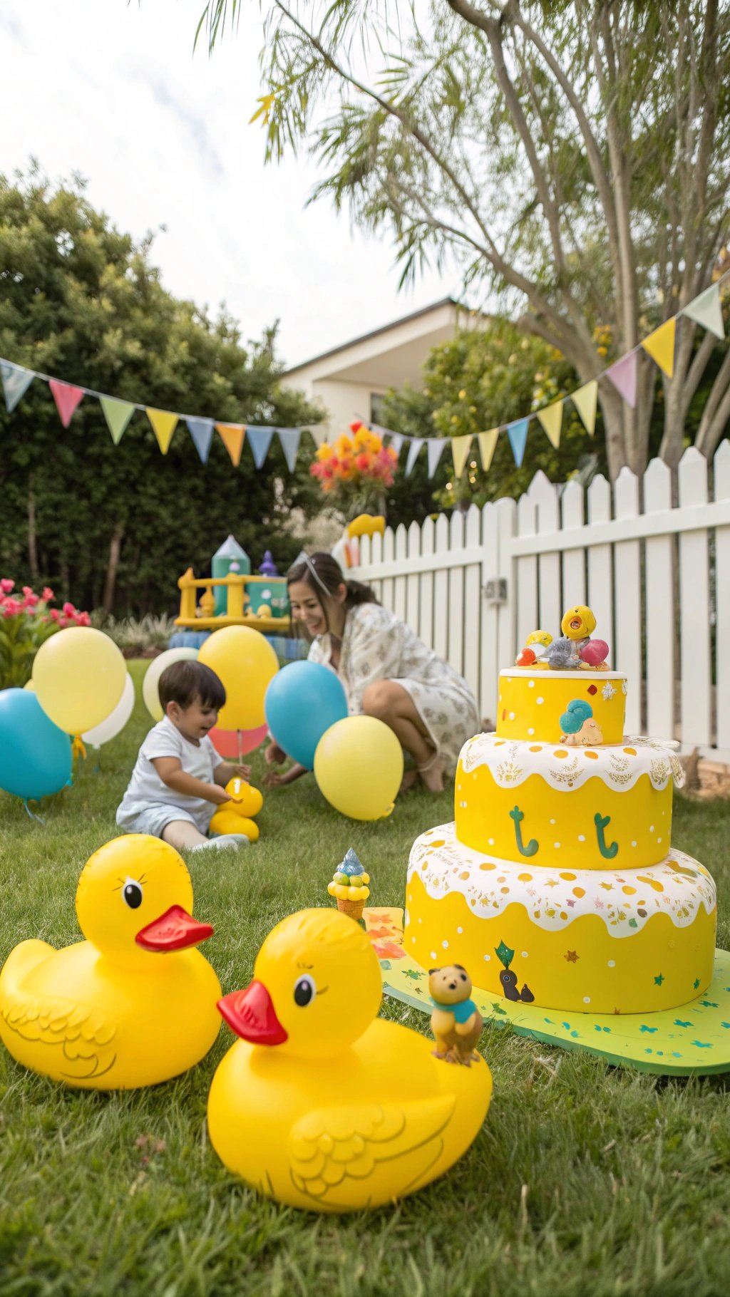 23 Exciting Birthday Party Themes to Celebrate in Style A cheerful Ducky Birthday Party setup with yellow decorations, balloons, and a cake.