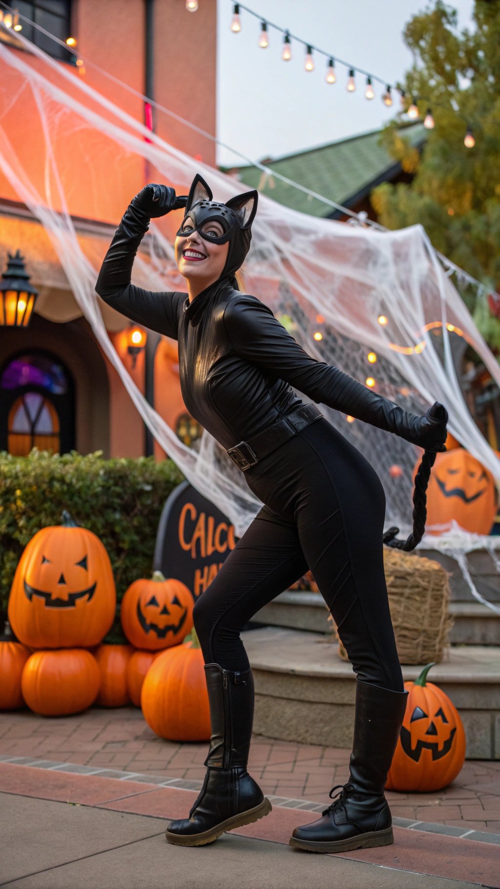 24 Spooktacular Halloween Costumes for 2025 A person in a black cat costume posing playfully with pumpkins in the background.