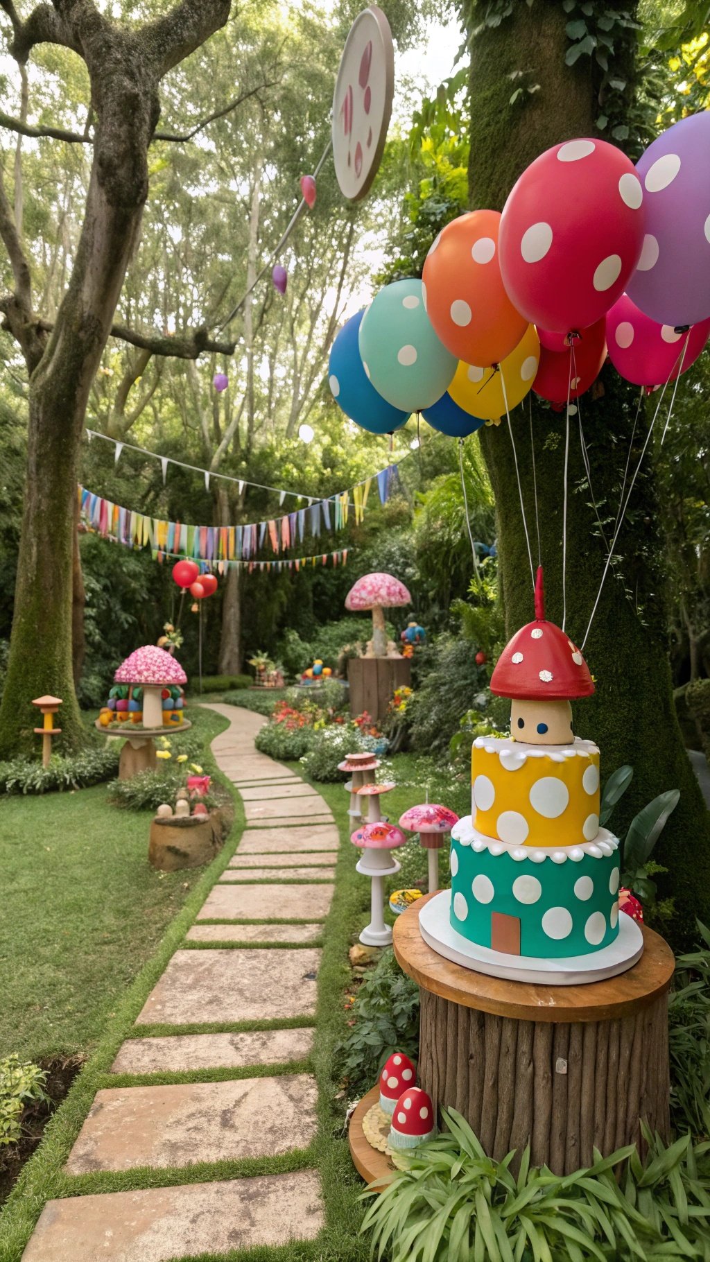 23 Exciting Birthday Party Themes to Celebrate in Style A colorful mushroom-themed birthday party setup with balloons, decorations, and a cake.