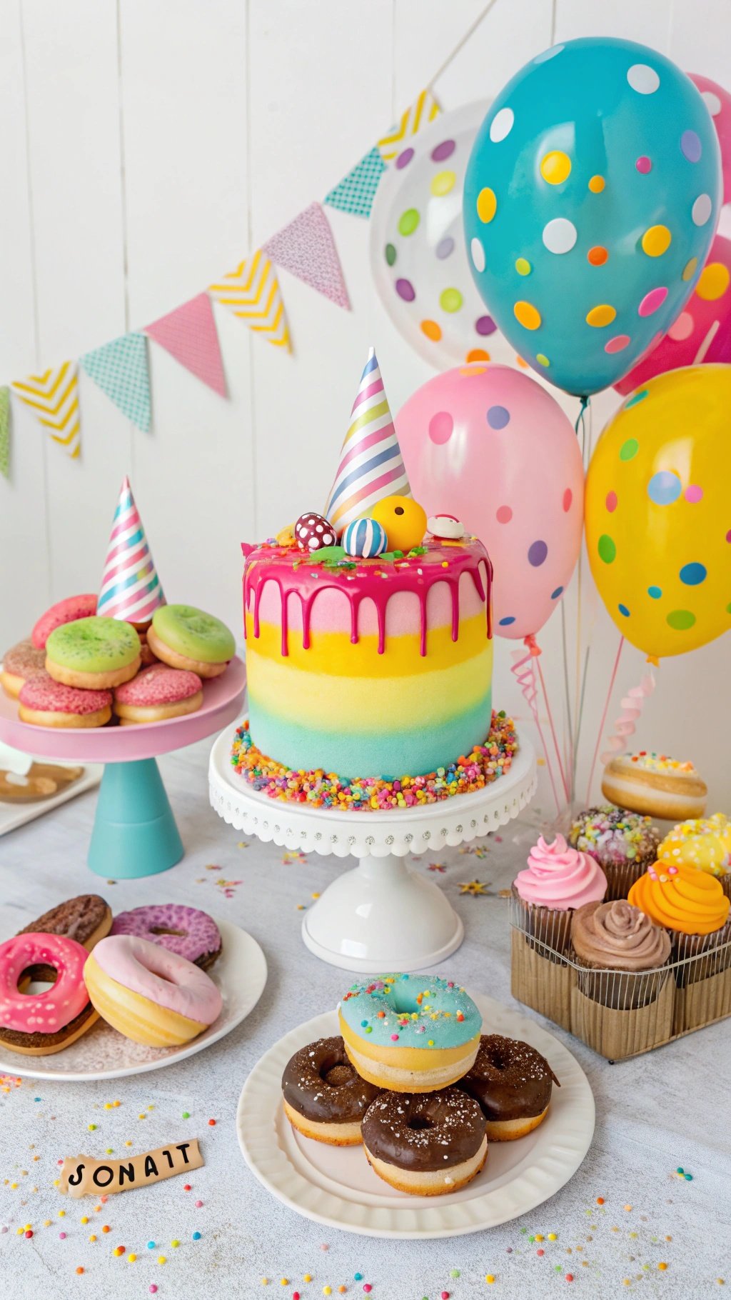 23 Exciting Birthday Party Themes to Celebrate in Style Colorful donut birthday party setup with cake and decorations