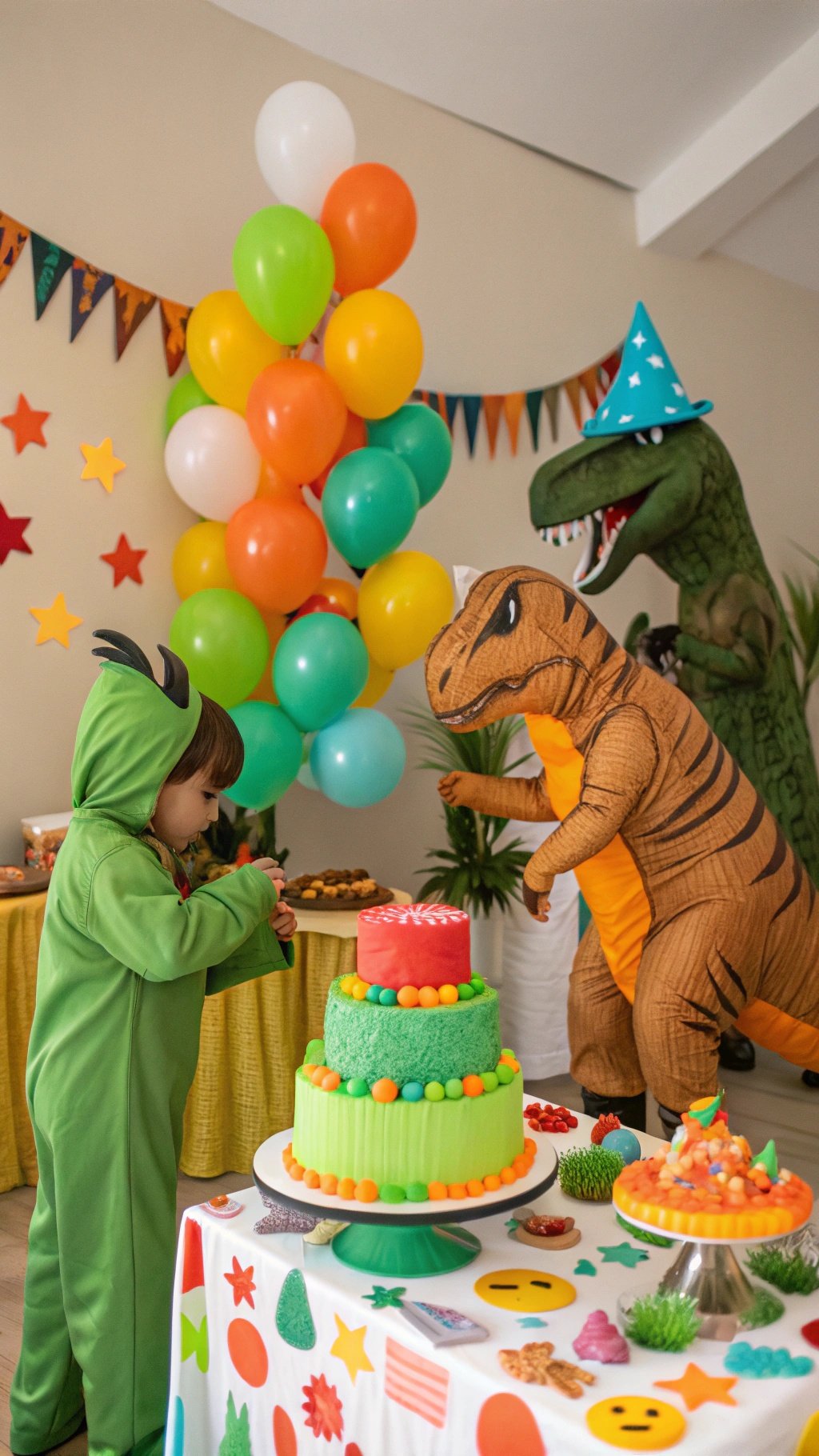 23 Exciting Birthday Party Themes to Celebrate in Style A colorful dinosaur birthday party setup with balloons, a cake, and children in costumes.