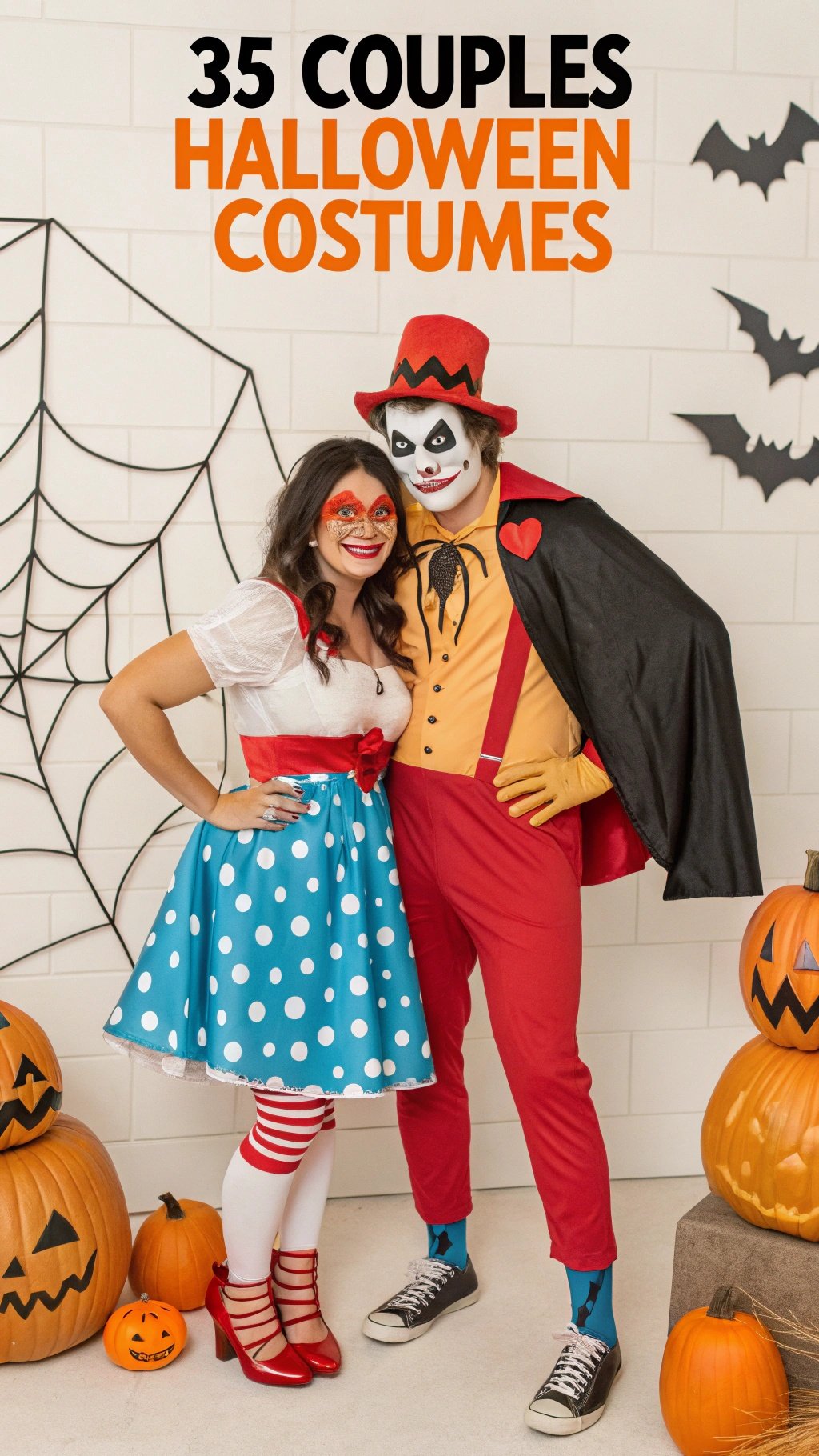 24 Spooktacular Halloween Costumes for 2025 Couple in colorful Halloween costumes with pumpkins