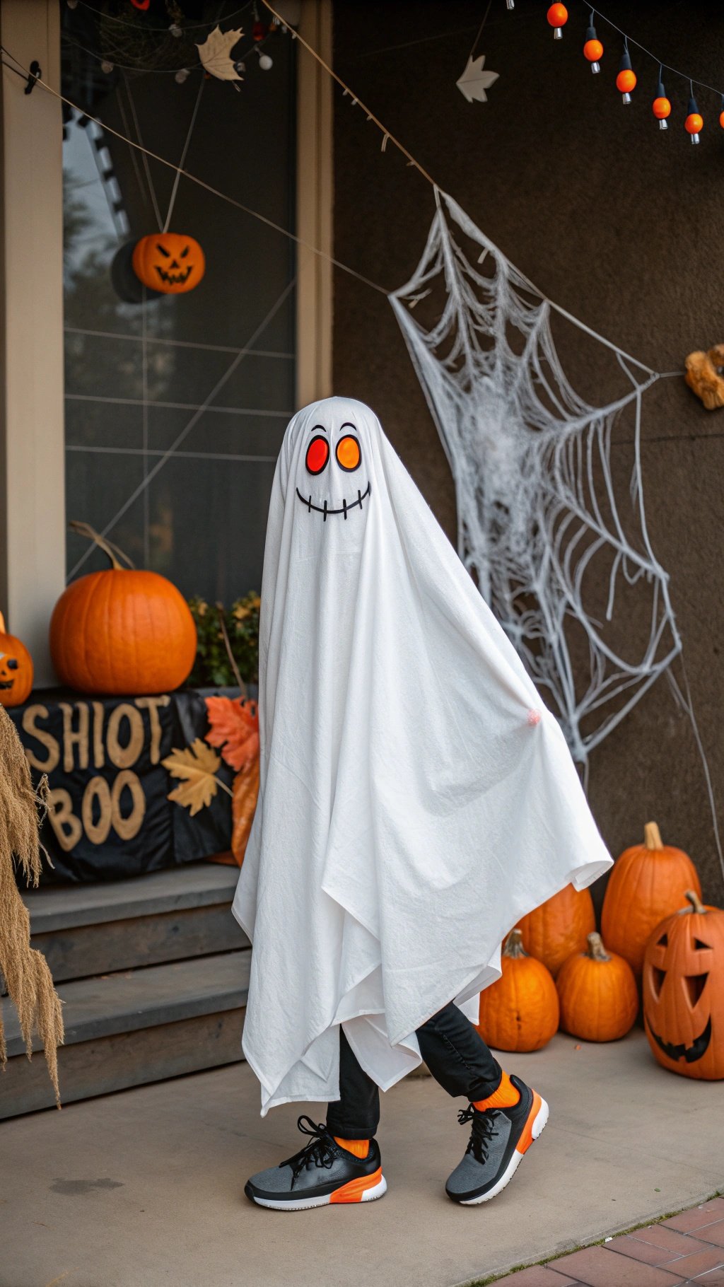 24 Spooktacular Halloween Costumes for 2025 A person dressed as a ghost in a white sheet with a playful face, surrounded by Halloween decorations like pumpkins and cobwebs.