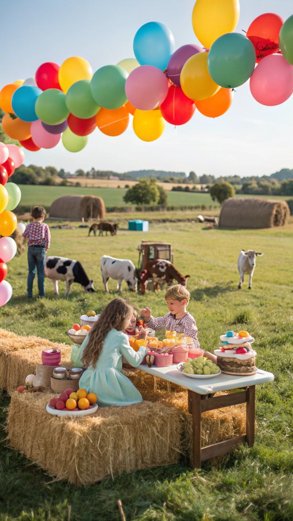 23 Exciting Birthday Party Themes to Celebrate in Style Children enjoying a farm birthday party with colorful balloons and a table of fruits.