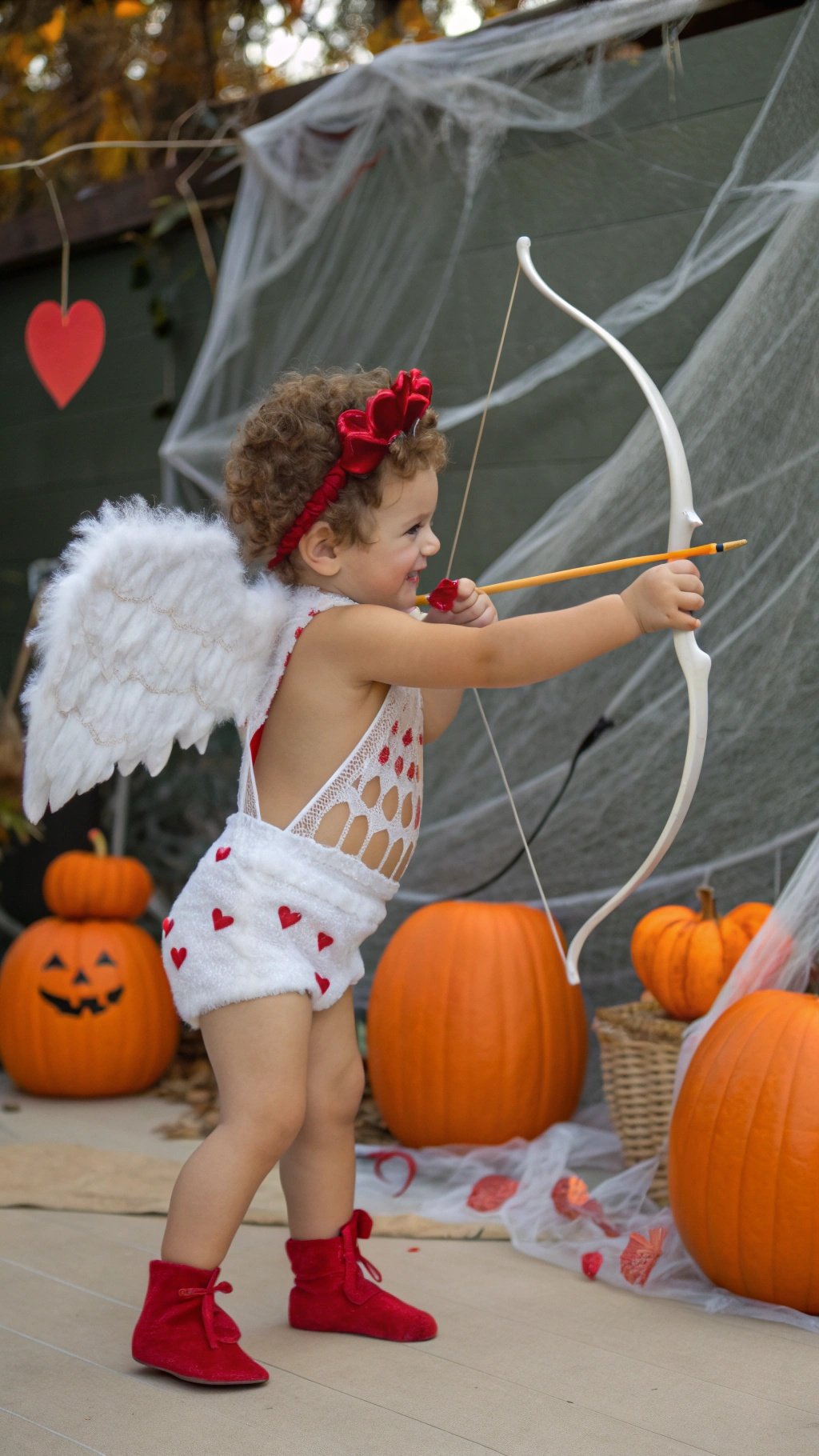 24 Spooktacular Halloween Costumes for 2025 A child dressed as Cupid with wings and a bow, surrounded by pumpkins and Halloween decorations.