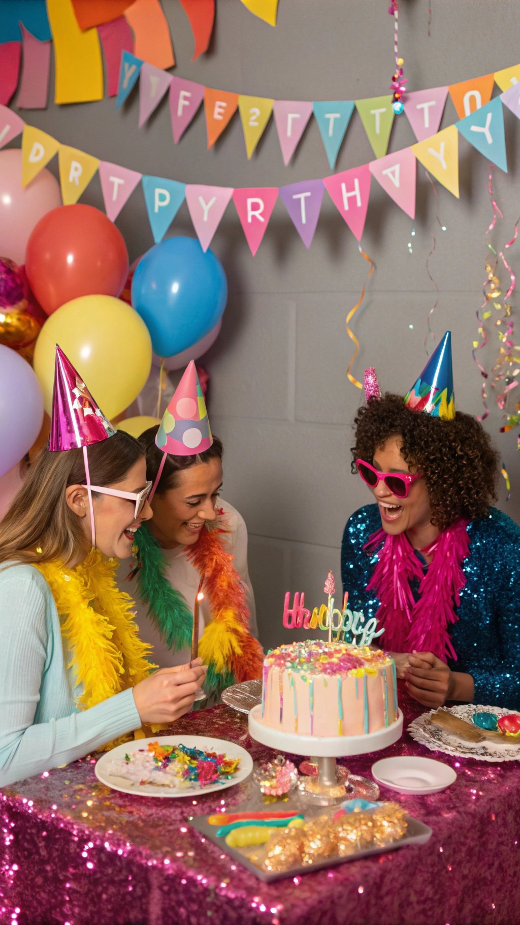 23 Exciting Birthday Party Themes to Celebrate in Style A group of friends celebrating a glitter birthday party with colorful decorations and a cake.