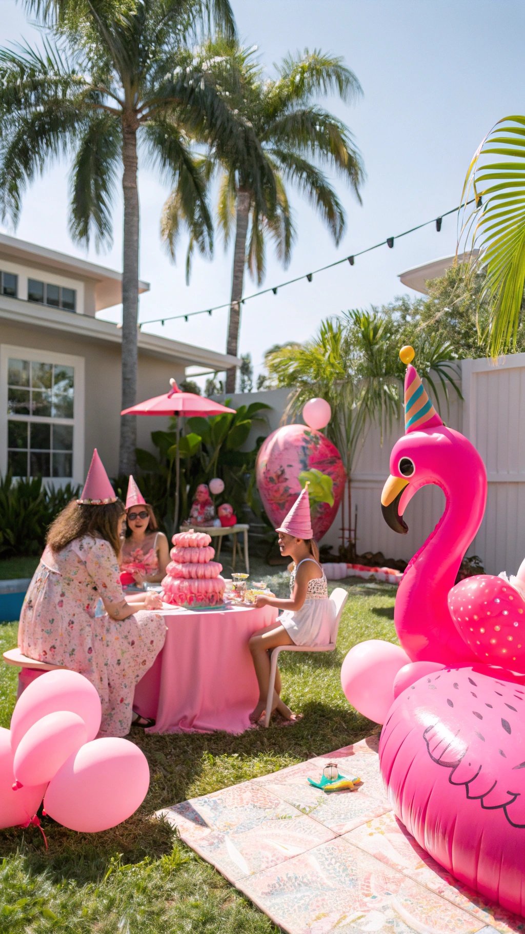 23 Exciting Birthday Party Themes to Celebrate in Style A vibrant outdoor flamingo birthday party setup with pink decorations and guests enjoying treats.