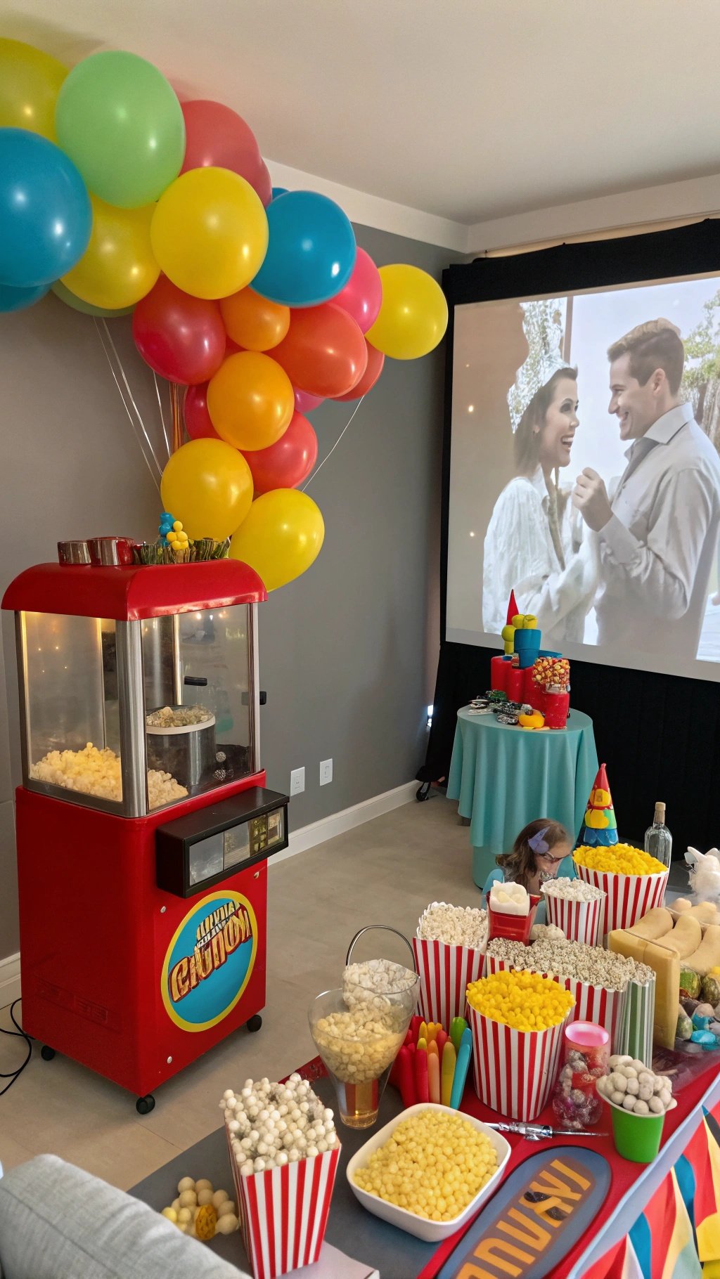 23 Exciting Birthday Party Themes to Celebrate in Style A colorful movie birthday party setup with balloons, a popcorn machine, and a film screening.