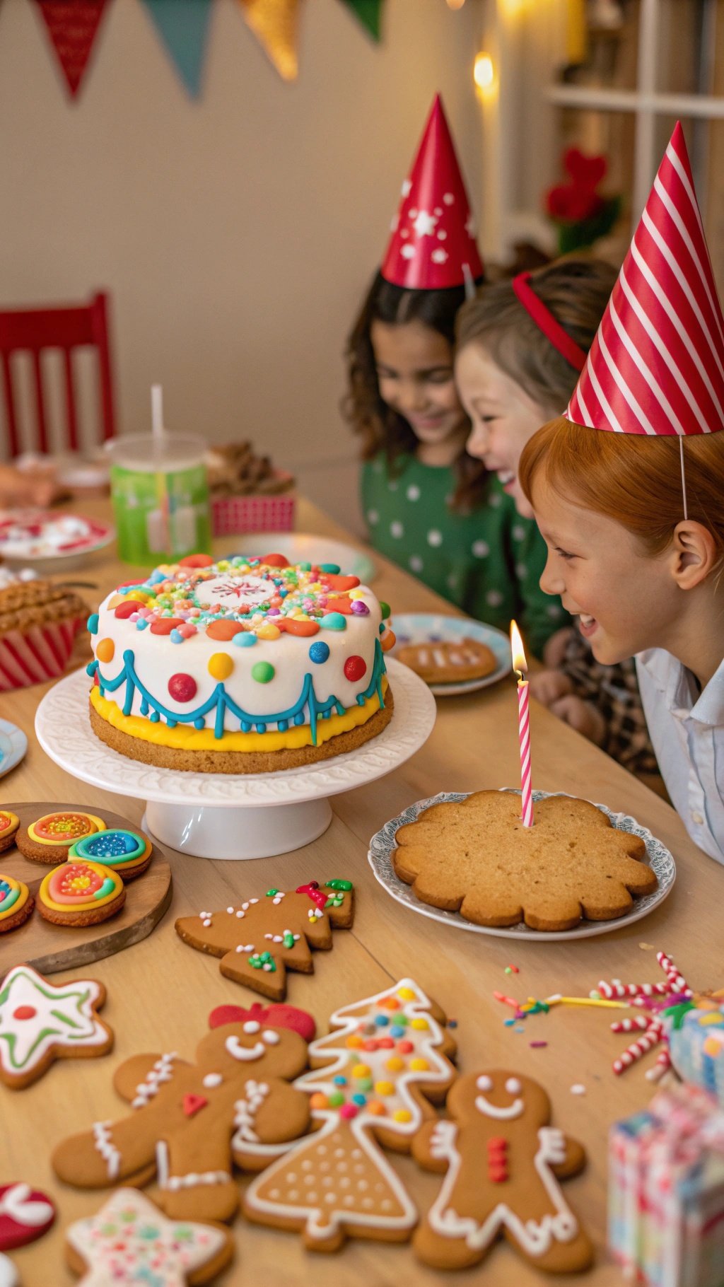 23 Exciting Birthday Party Themes to Celebrate in Style Kids celebrating a Gingerbread Birthday Party with a decorated cake and gingerbread cookies.