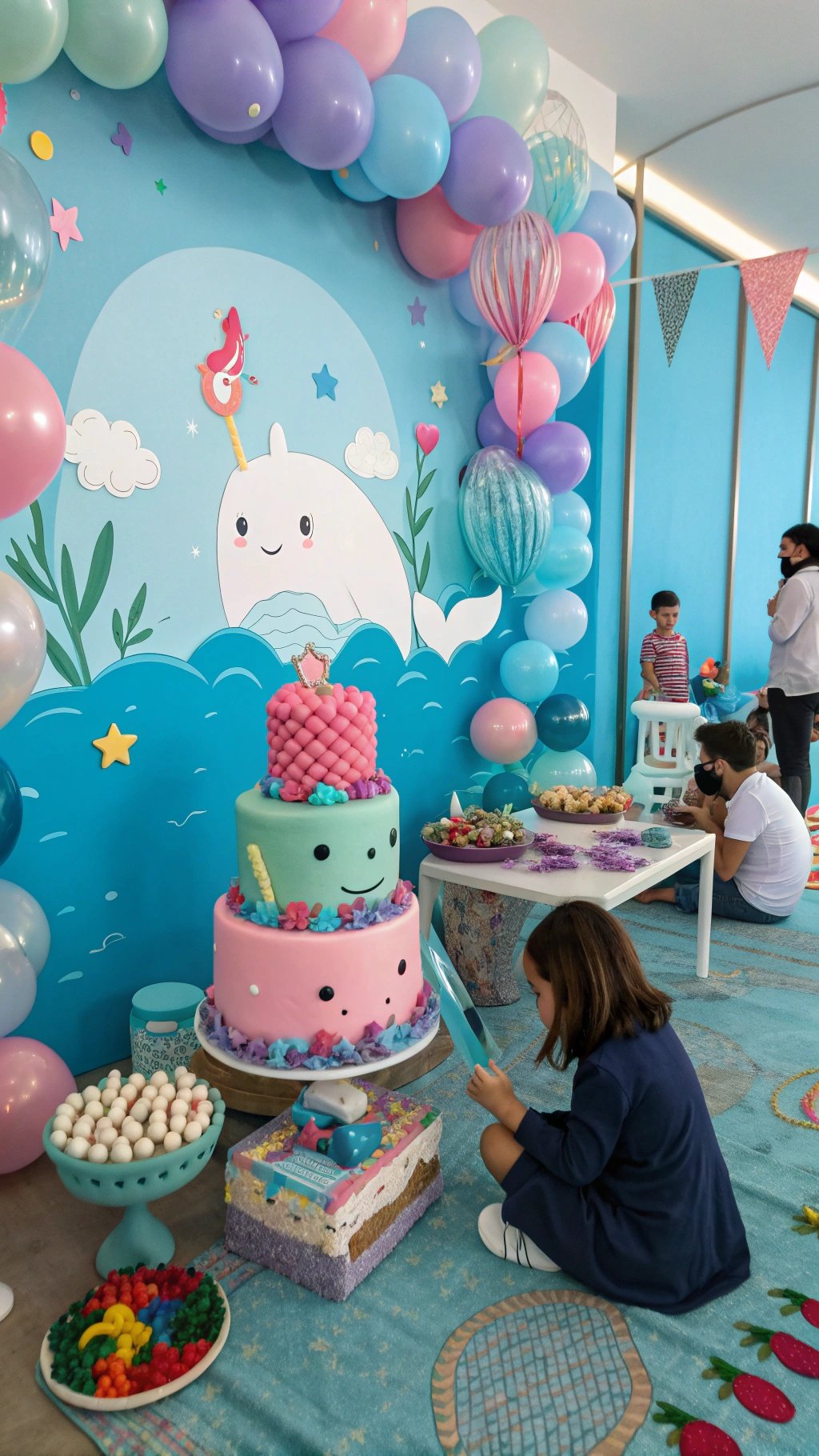 23 Exciting Birthday Party Themes to Celebrate in Style Colorful Narwhal birthday party setup with balloons, cake, and decorations.