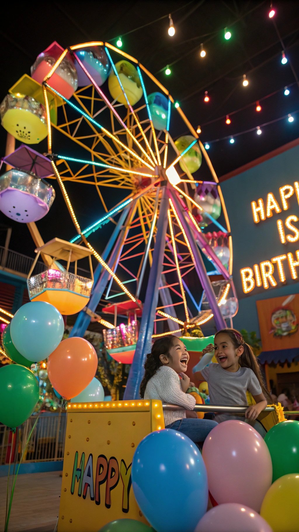 23 Exciting Birthday Party Themes to Celebrate in Style Two children laughing on a Ferris wheel with colorful balloons around them.