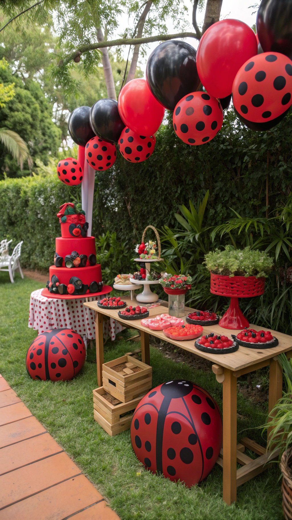 23 Exciting Birthday Party Themes to Celebrate in Style A beautifully decorated ladybug birthday party setup with red and black balloons, a ladybug-themed cake, and themed treats.