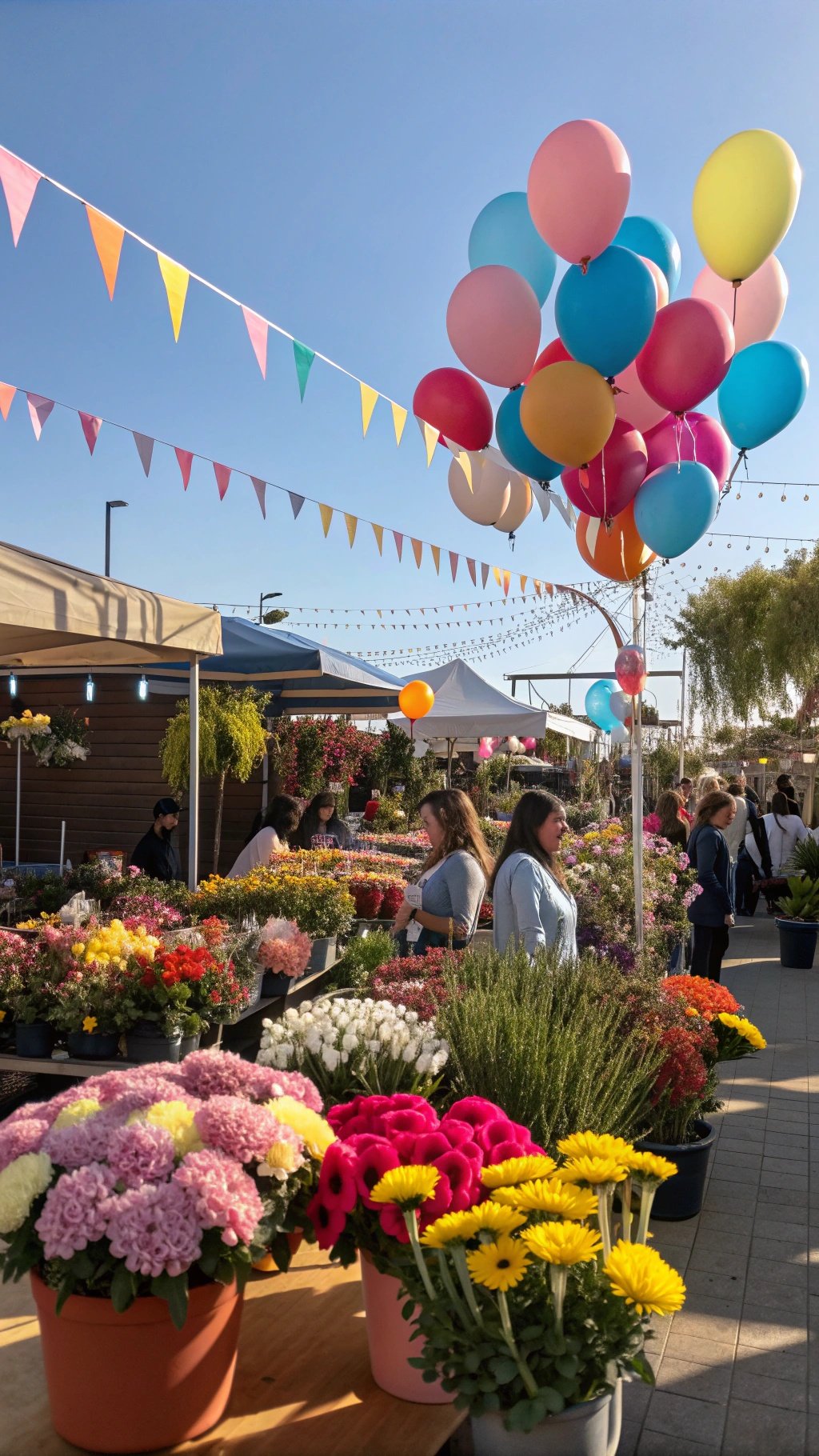 23 Exciting Birthday Party Themes to Celebrate in Style A vibrant flower market with colorful flowers, balloons, and bunting decorations.
