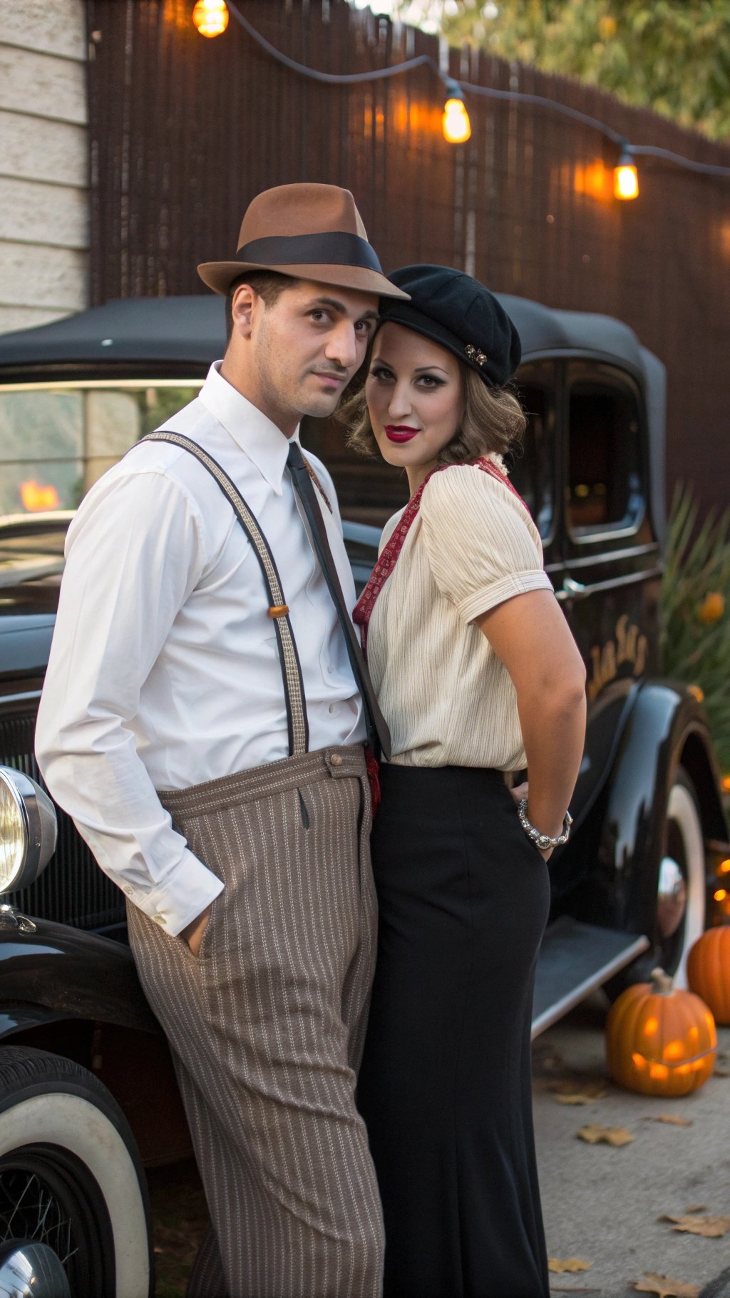 24 Spooktacular Halloween Costumes for 2025 A couple dressed as Bonnie and Clyde, showcasing vintage 1930s attire with a classic car in the background.