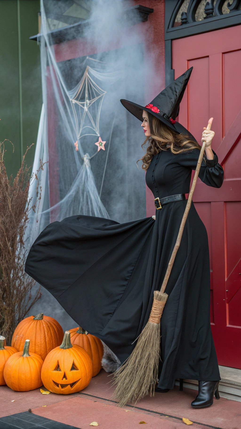 24 Spooktacular Halloween Costumes for 2025 A witch in a black dress with a broomstick standing next to pumpkins