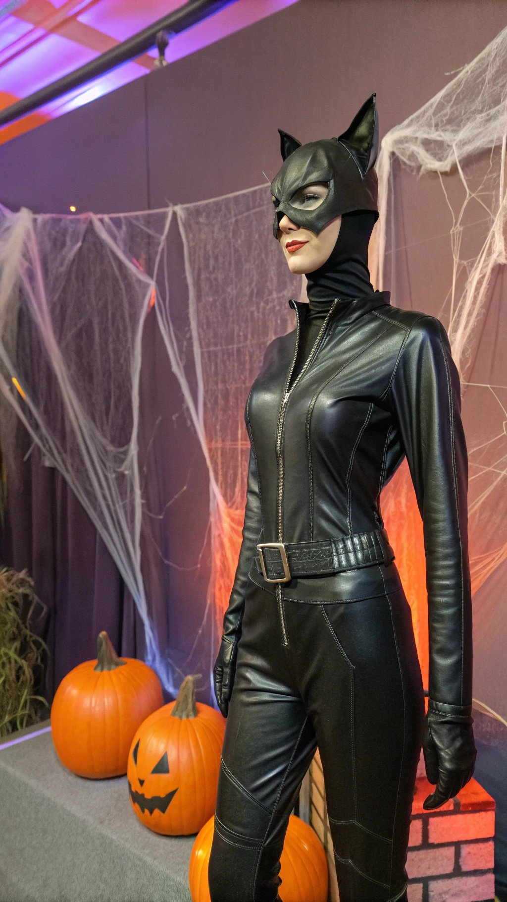 24 Spooktacular Halloween Costumes for 2025 A model in a Catwoman costume featuring a black bodysuit and cat ears, with pumpkins in the background.