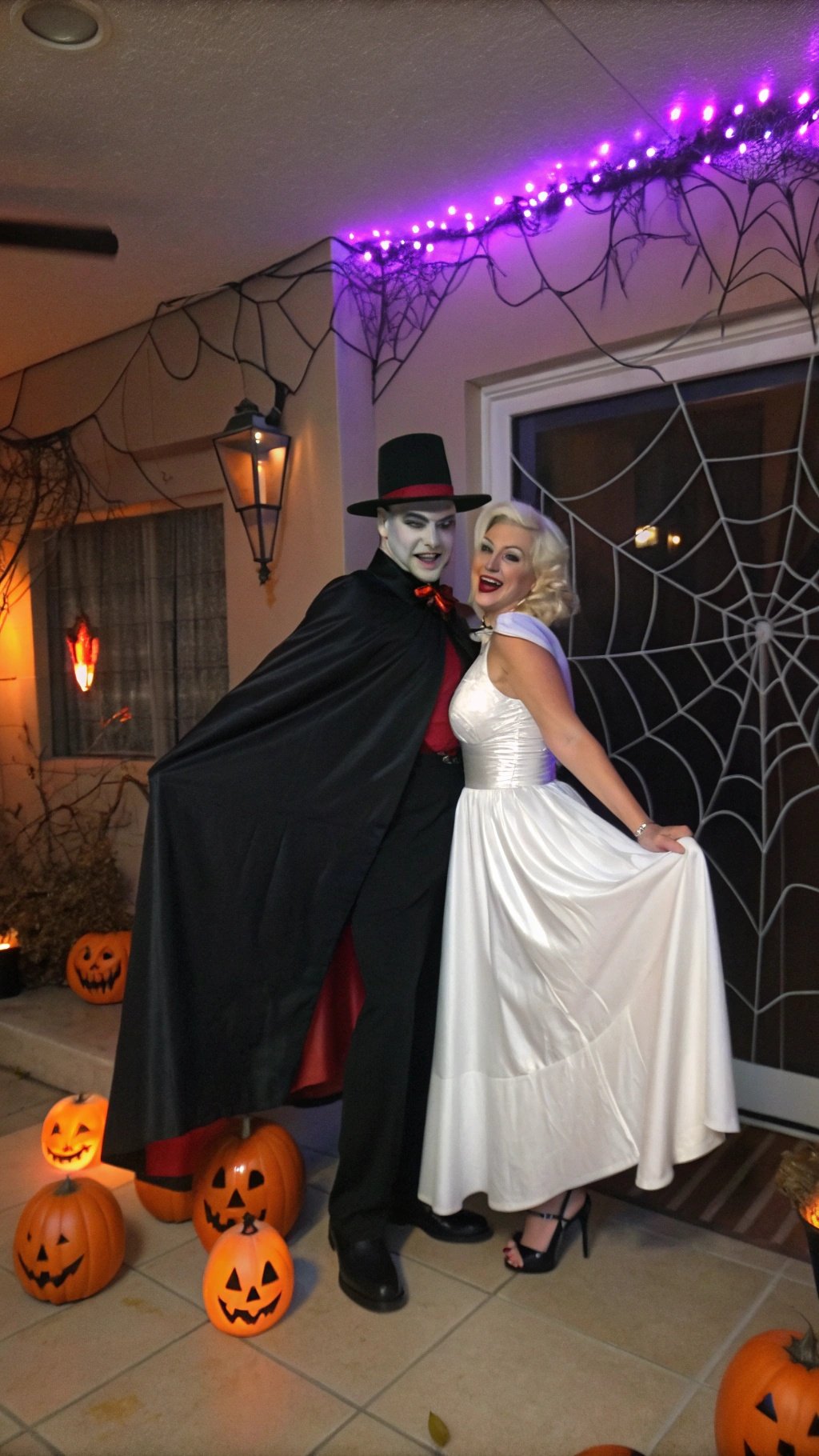 24 Spooktacular Halloween Costumes for 2025 A couple dressed in Halloween costumes, with the woman in a red polka dot dress and the man in overalls, surrounded by pumpkins.