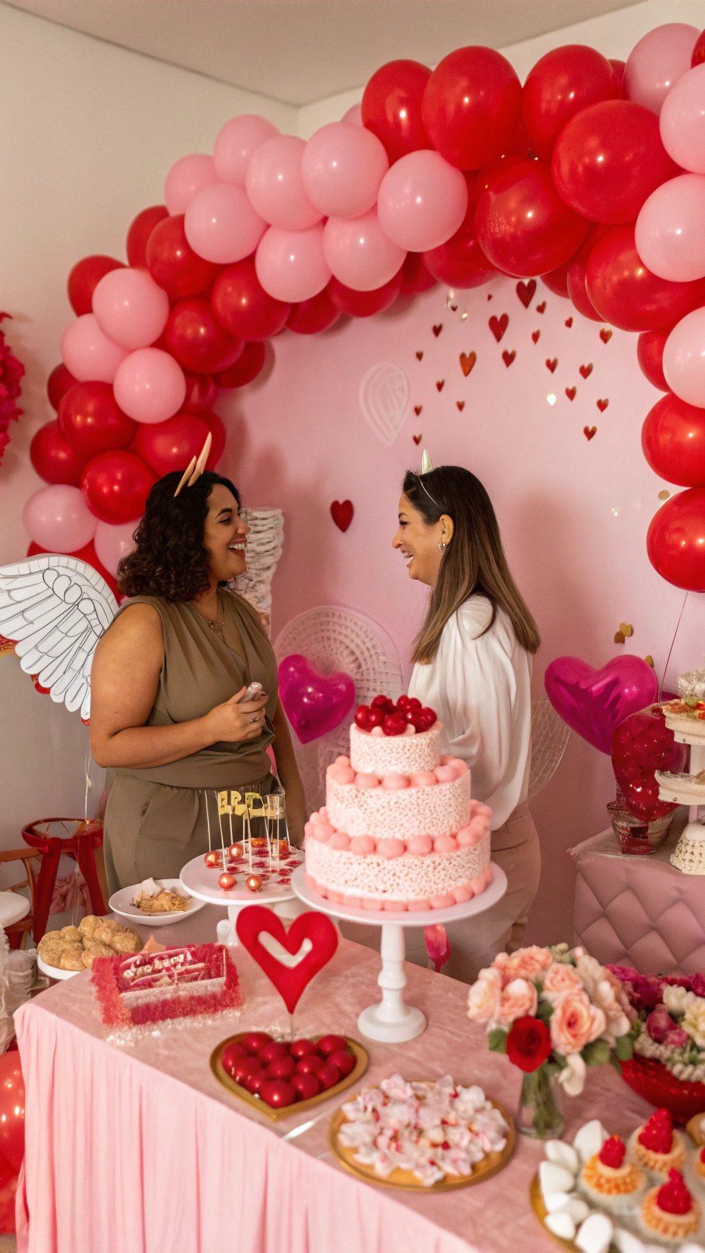 23 Exciting Birthday Party Themes to Celebrate in Style A festive Cupid birthday party setup with pink and red decorations, a cake, and guests enjoying the celebration.