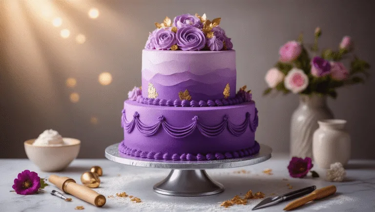 Mastering Birthday Cake Designs: The Ultimate Guide to Showstopping Celebration Cakes Photorealistic 3-tier purple ombre birthday cake on a silver rotating stand, featuring intricate buttercream piping and gold leaf accents, surrounded by professional decorating tools on a marble surface, with soft bokeh background.
