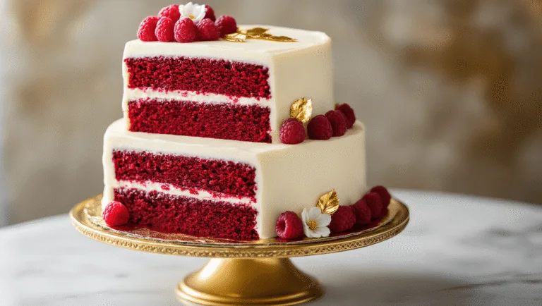Red Velvet Birthday Cake: A Stunning Celebration Centerpiece Photorealistic image of a luxurious two-tier red velvet cake with cream cheese frosting, adorned with gold leaf, fresh raspberries, and sugar flowers, displayed on a gold cake stand against a marble backdrop, featuring dramatic lighting and soft bokeh.